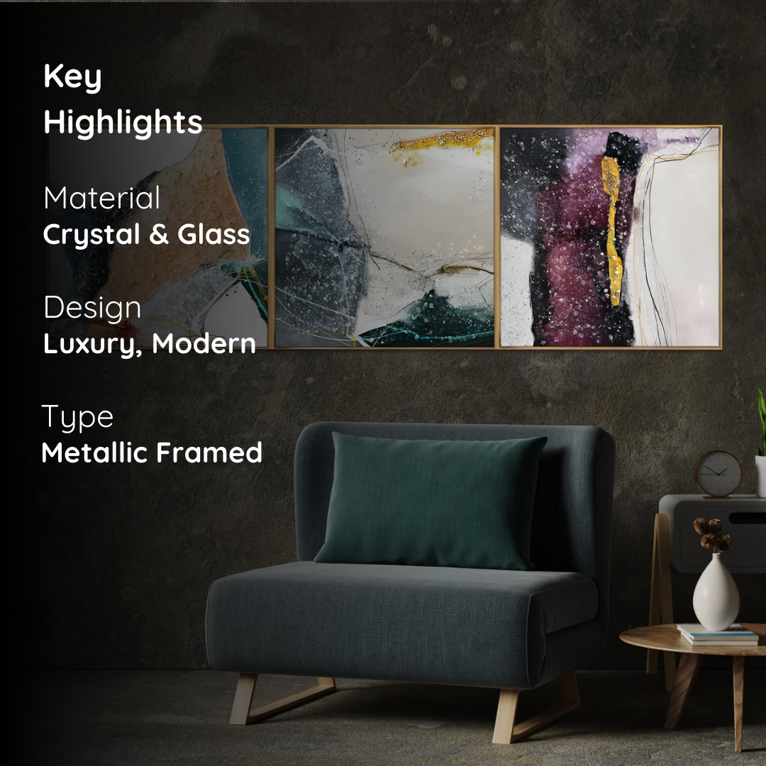 Celestial Fractals – Abstract Crystal Glass Painting Set of 3