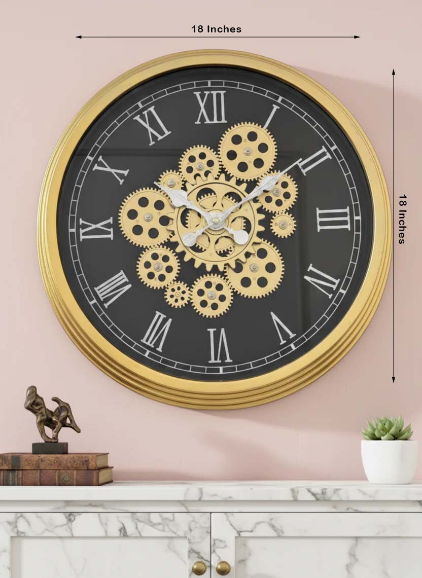 Royal Black & Gold Moving Gear Wall Clock