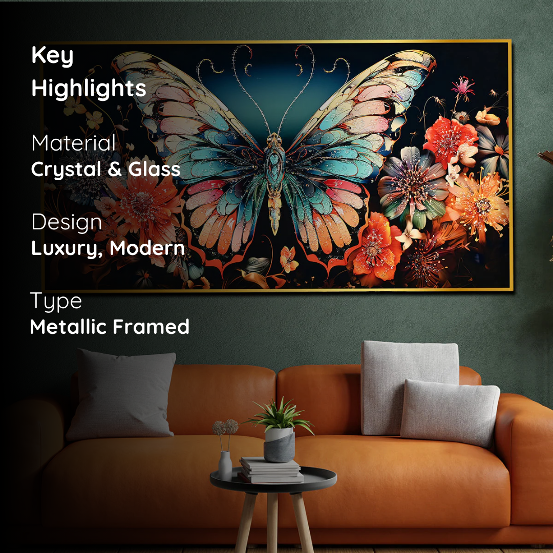Floral Symphony Butterfly Crystal Glass Painting in Vibrant Botanical Hues