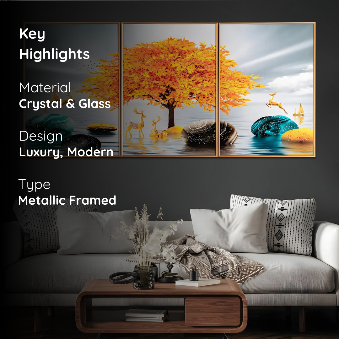 Golden Autumn Tree & Deer Framed Crystal Glass Nature Paintings – Set of 3