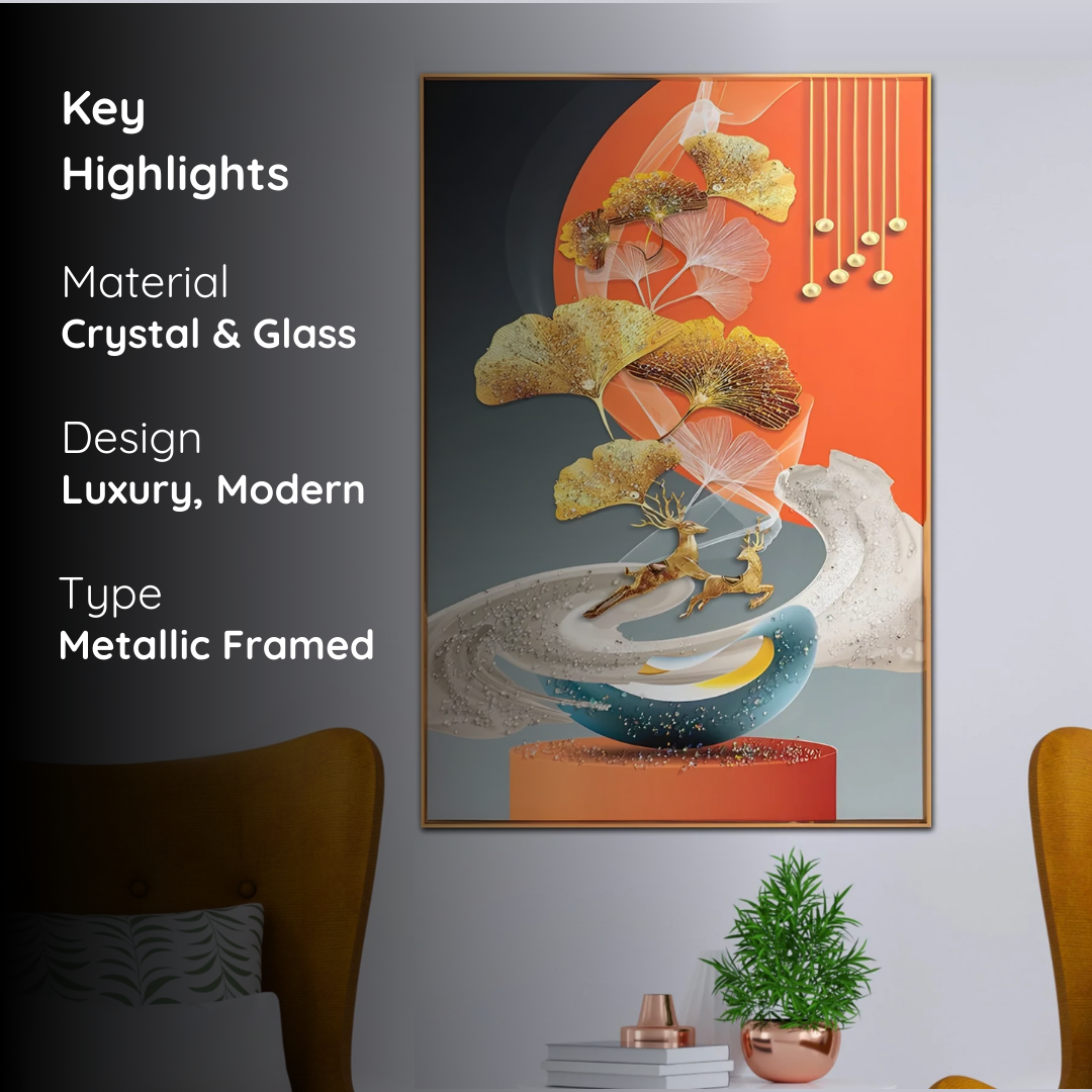 Golden Deer & Ginkgo Dreamscape Framed Crystal Glass Painting