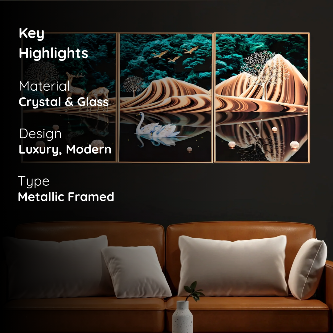 Golden Deer and Swan Crystal Glass Painting Set of 3