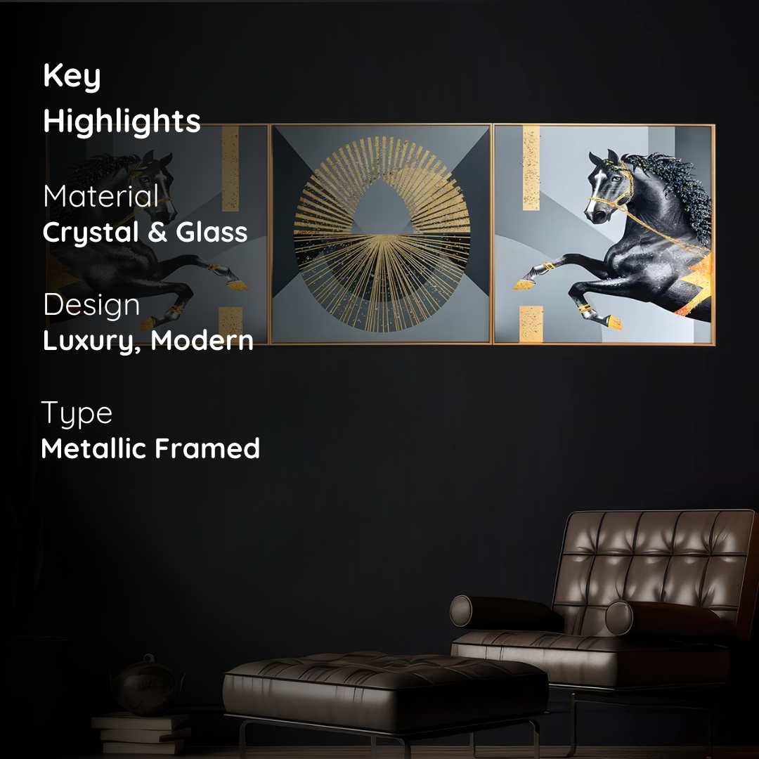 Golden Gallop – Framed Crystal Glass Horse Art Set of 3