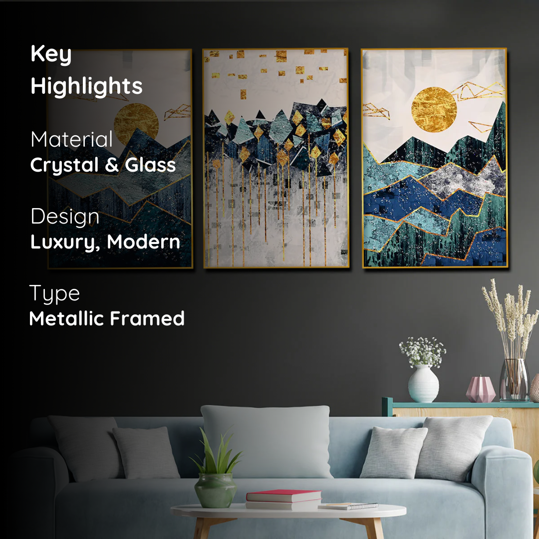 Golden Horizon Crystal Glass Painting – Abstract Mountain Wall Art (Set of 3)