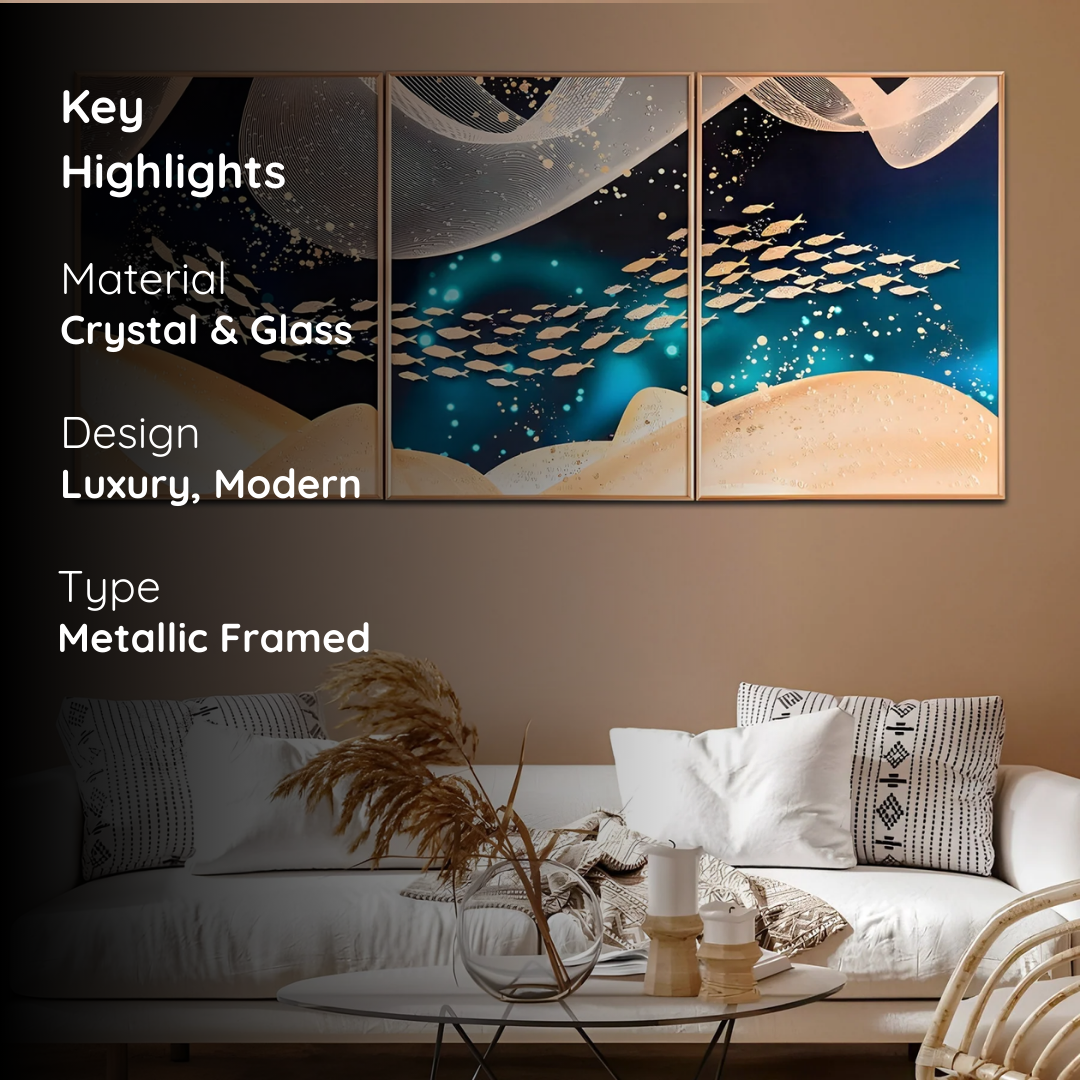 Golden School of Fish Crystal Glass Painting Set of 3
