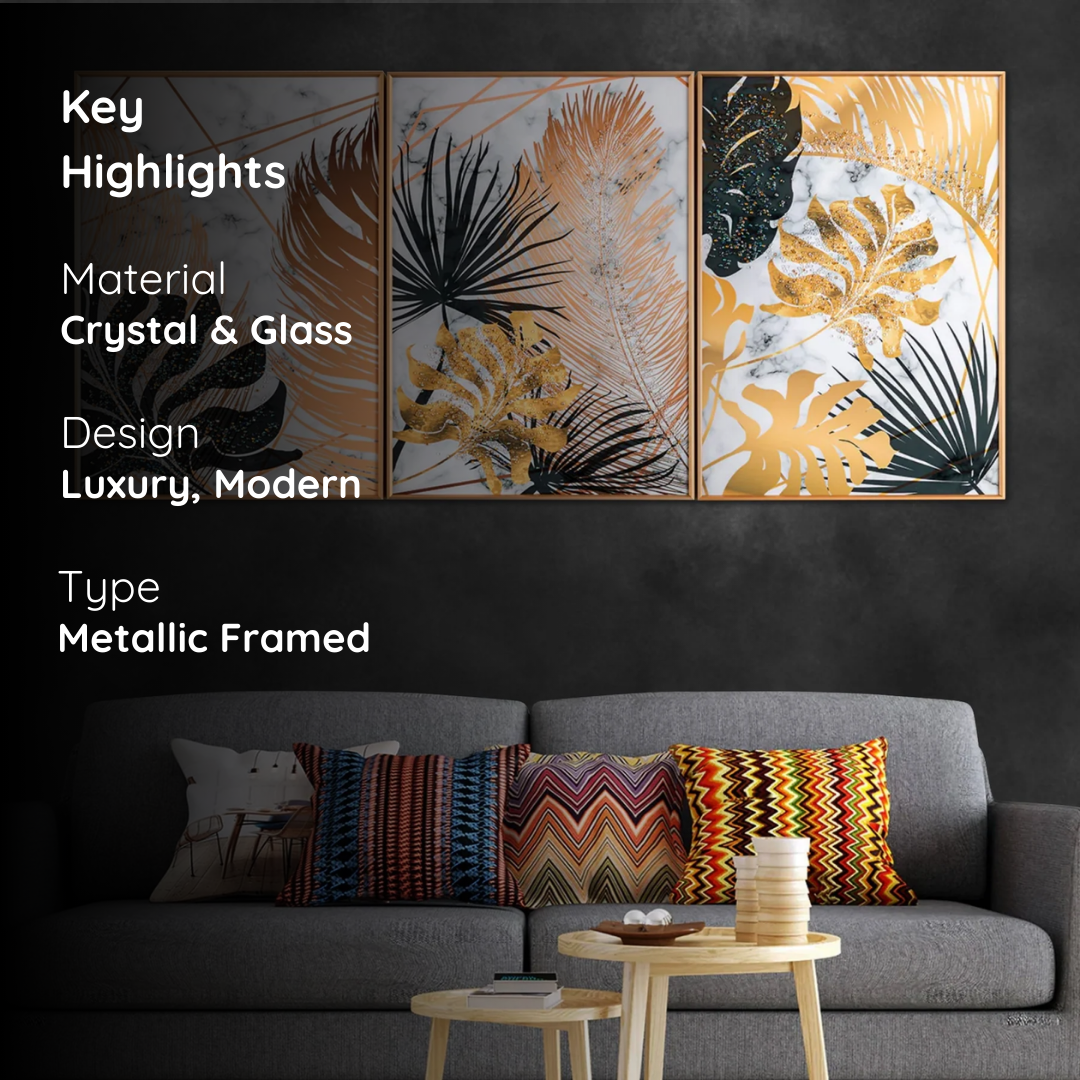 Golden Tropical Leaf Marble Effect Framed Crystal Glass Wall Art – Set of 3