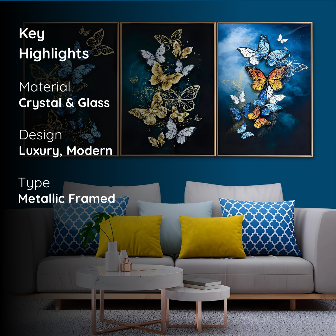 Golden & Blue Butterfly Symphony – Framed Crystal Glass Painting Set of 3