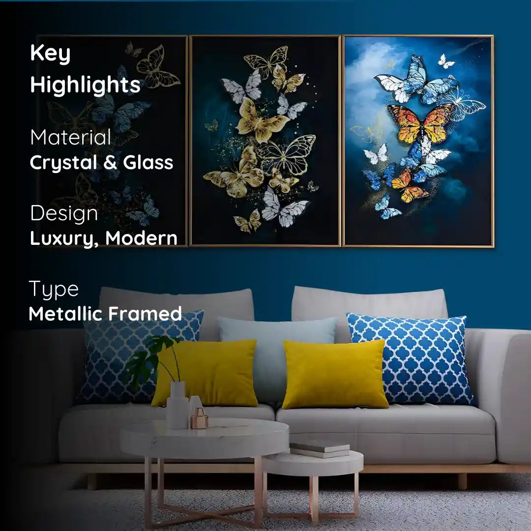 Beautiful Butterflies Framed Crystal Glass Painting Set of 3