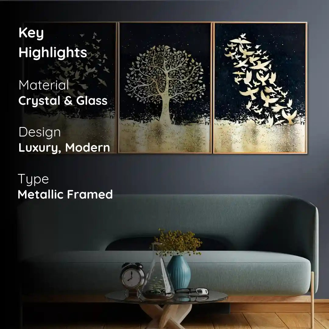 Golden Tree & Birds Framed Crystal Glass Painting Set of 3