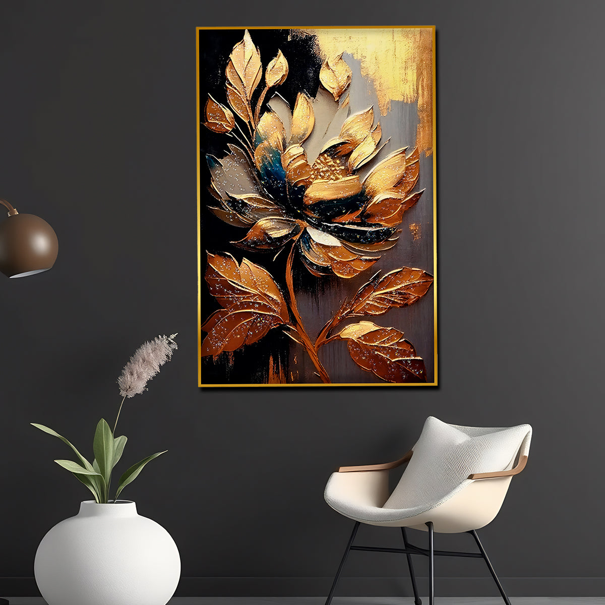 Golden Petal Flower Metallic Framed Crystal Glass Painting