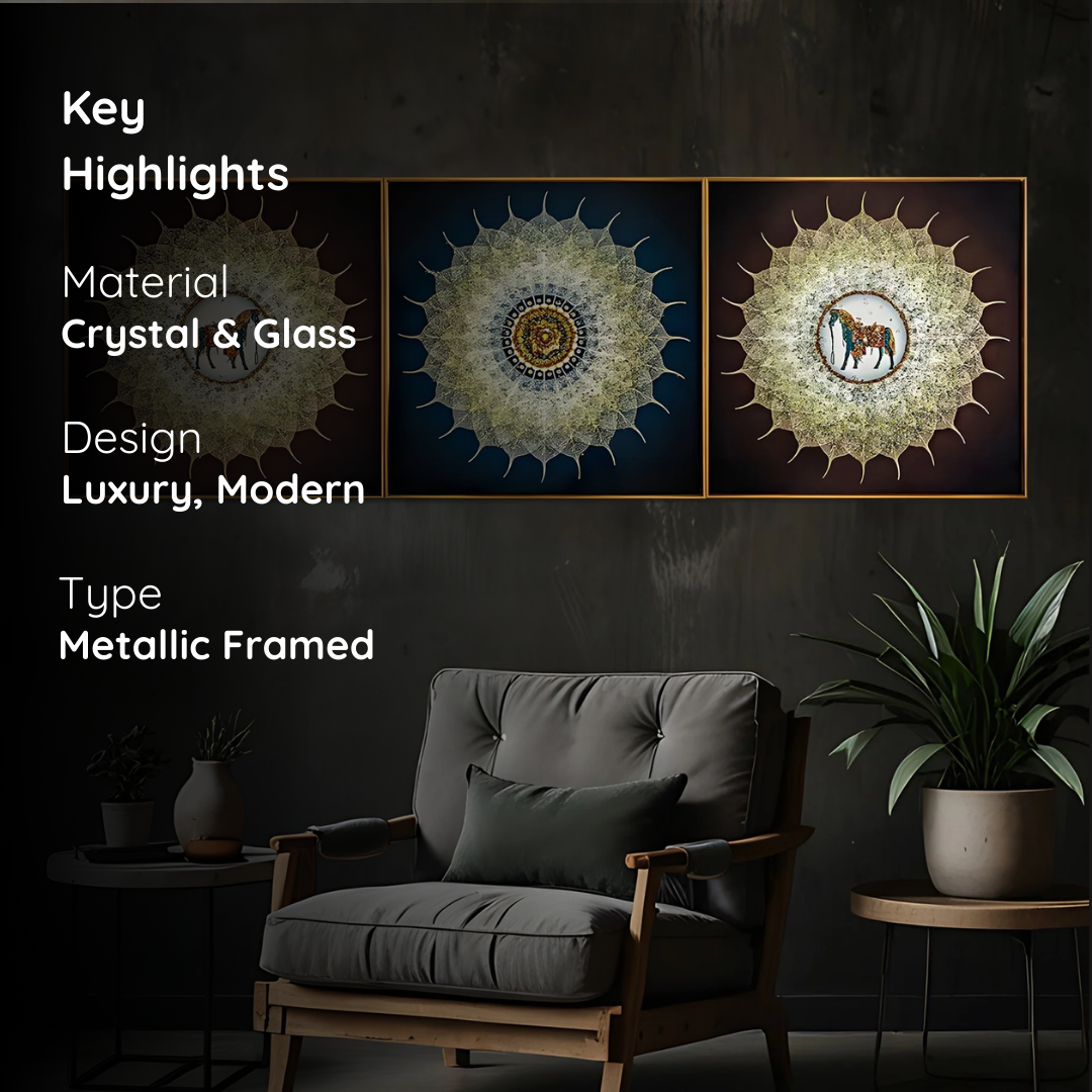 Majestic Mandala Steeds – Framed Crystal Glass Painting Set of 3