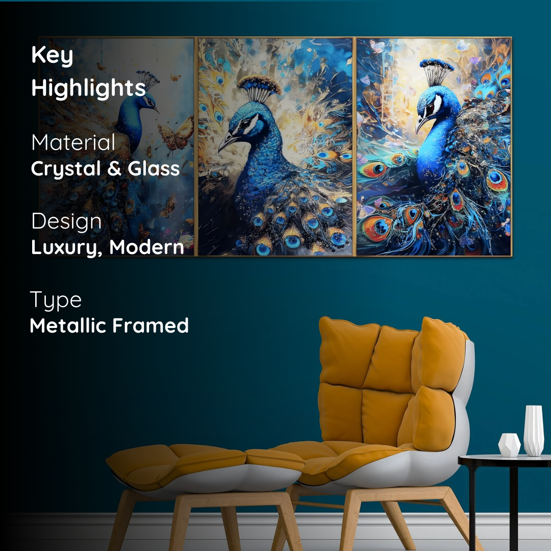 Majestic Peacock Trio Framed Crystal Glass Painting – Set of 3