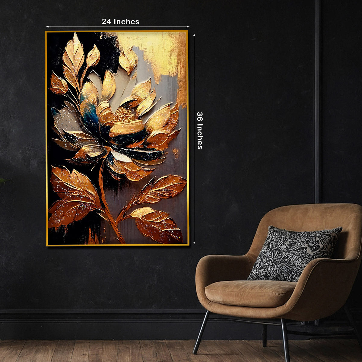 Golden Petal Flower Metallic Framed Crystal Glass Painting