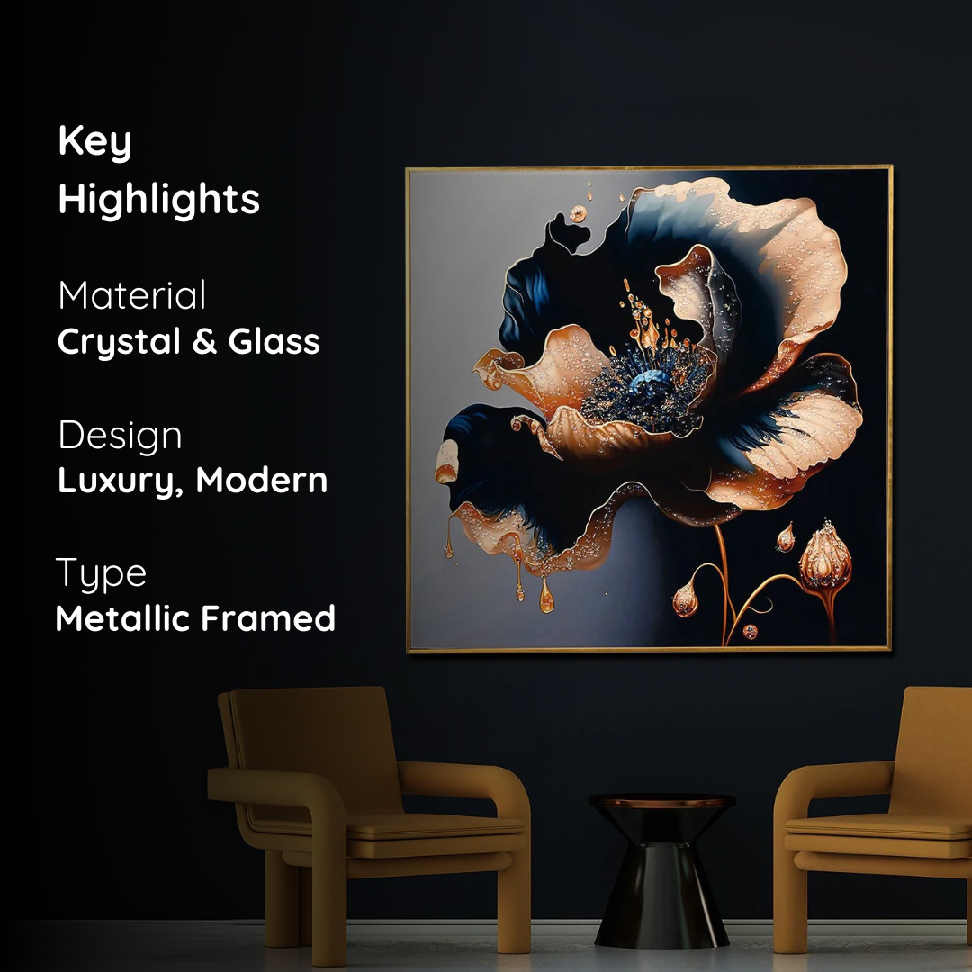 Midnight Bloom Crystal Glass Painting with Gold Highlights