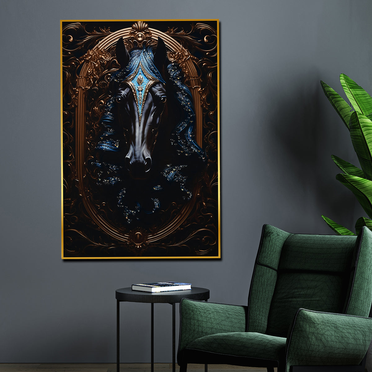 Royal Knight Dark Horse Metallic Framed Crystal Glass Painting