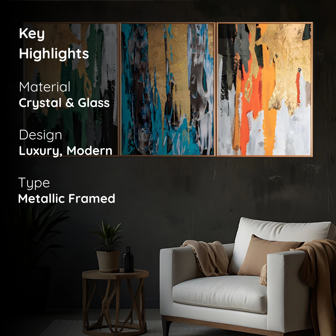 Modern Abstract Expression – 3-Piece Framed Crystal Glass Wall Art Set