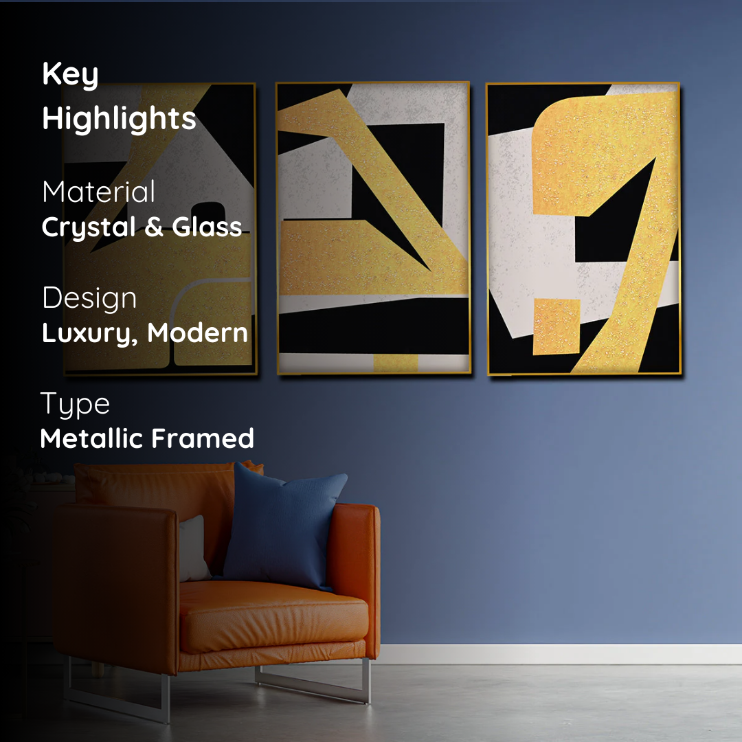 Modern Gold Bold Geometric Crystal Glass Painting (Set of 3)