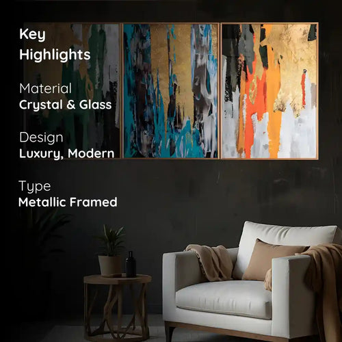 Abstract Art Framed Crystal Glass Painting Set of 3