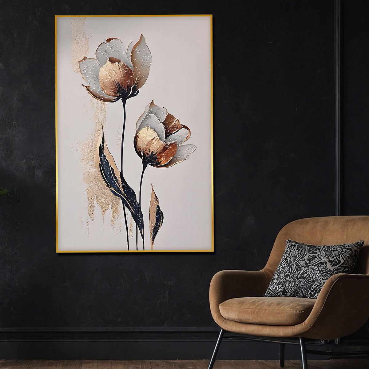 Modern Abstract Metallic Tulip Wall Art Framed | Crystal Glass Painting