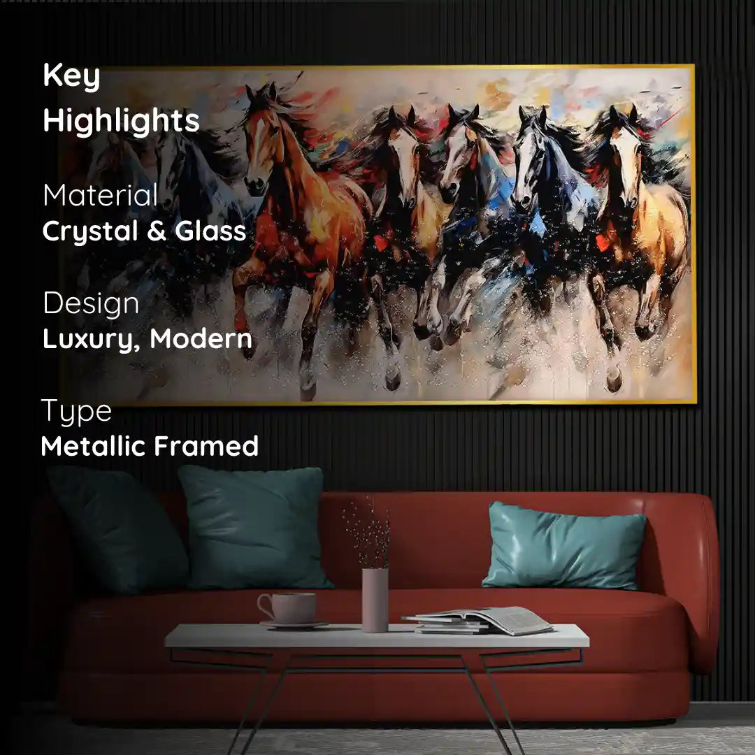 Seven Running Horses in Morning Framed Crystal Glass Painting