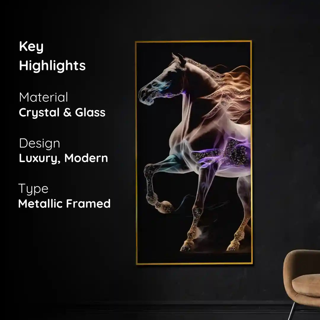 Unicorn with His Fire Horse Framed Crystal Glass Painting