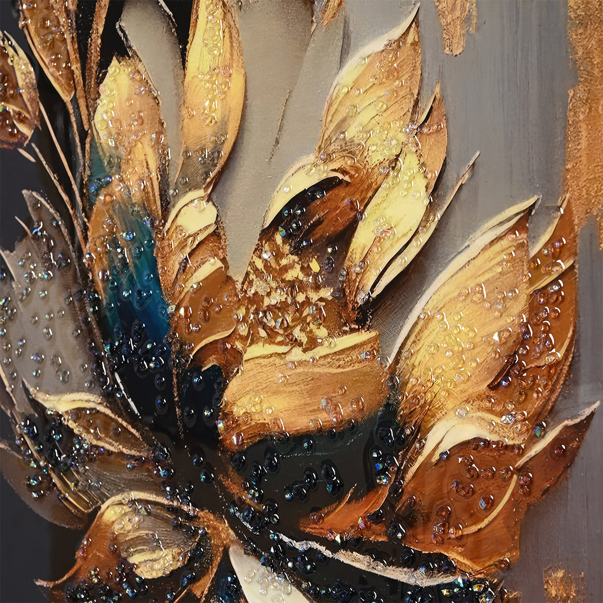 Golden Petal Flower Metallic Framed Crystal Glass Painting