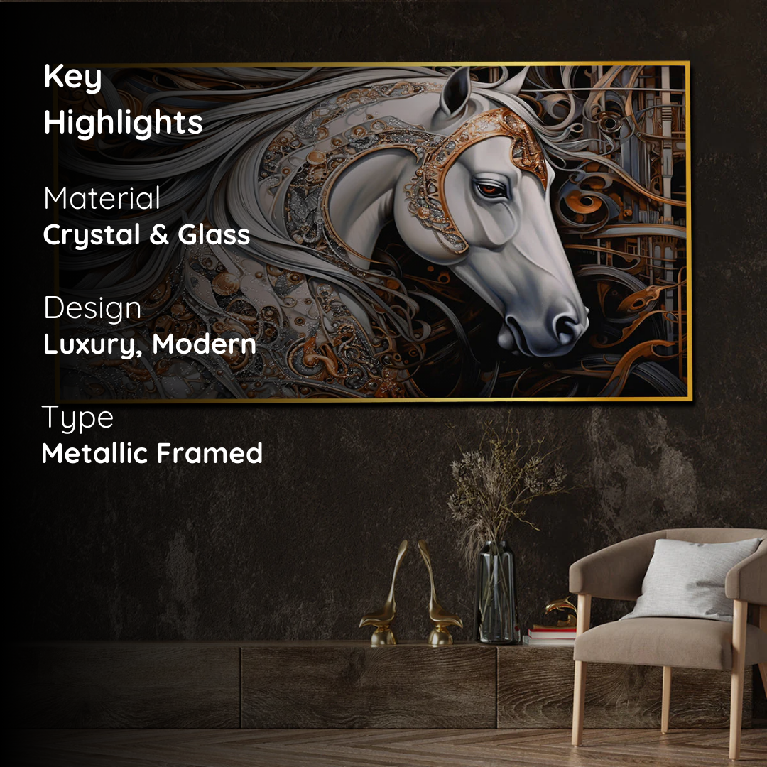 Ornamented White Horse Luxury Crystal Glass Painting