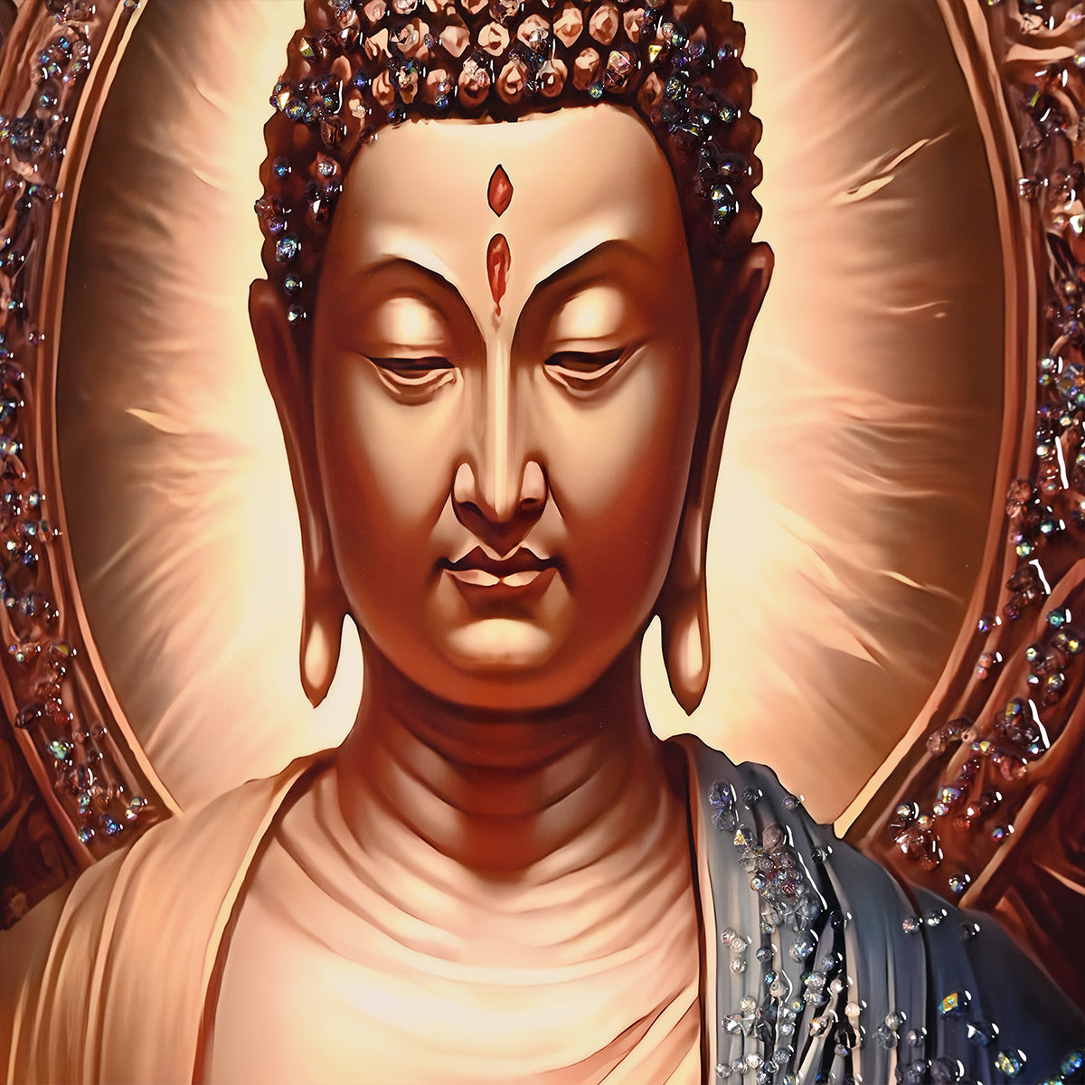 Peaceful Golden Meditating Buddha Metallic Framed Crystal Glass Painting