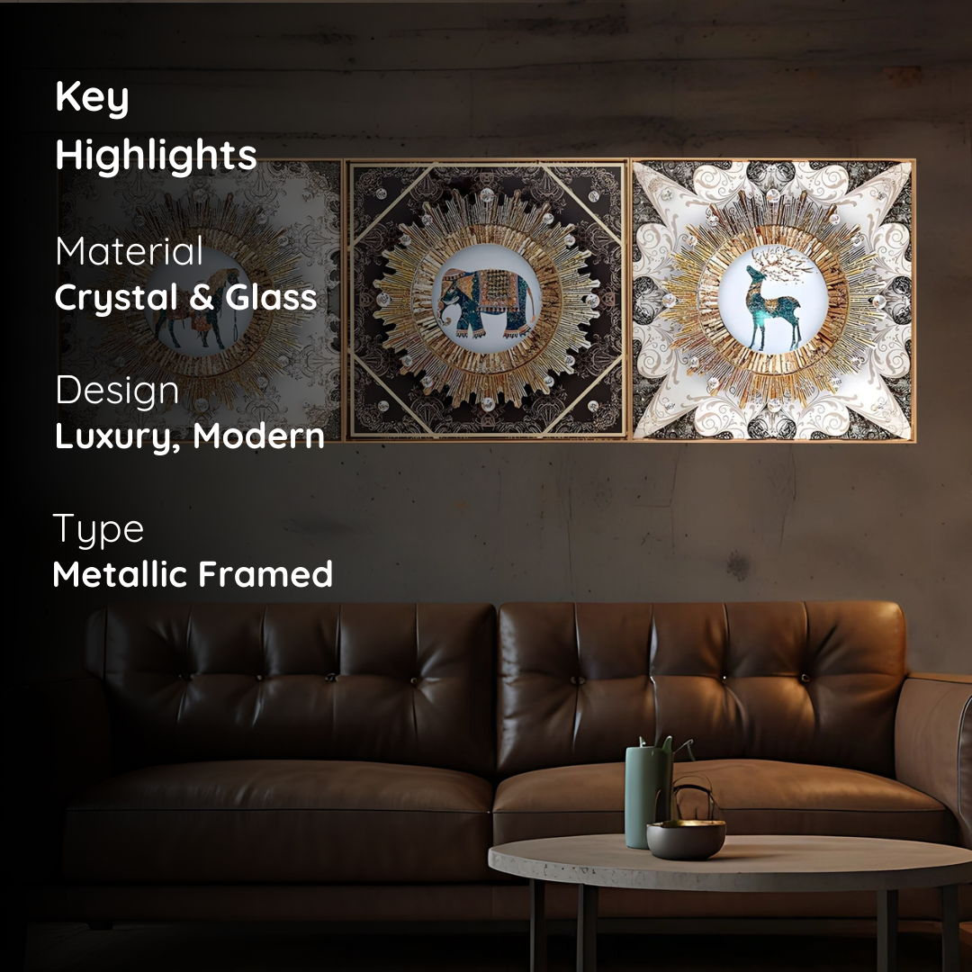 Regal Beasts Animal Mandala Framed Crystal Glass Painting Set of 3