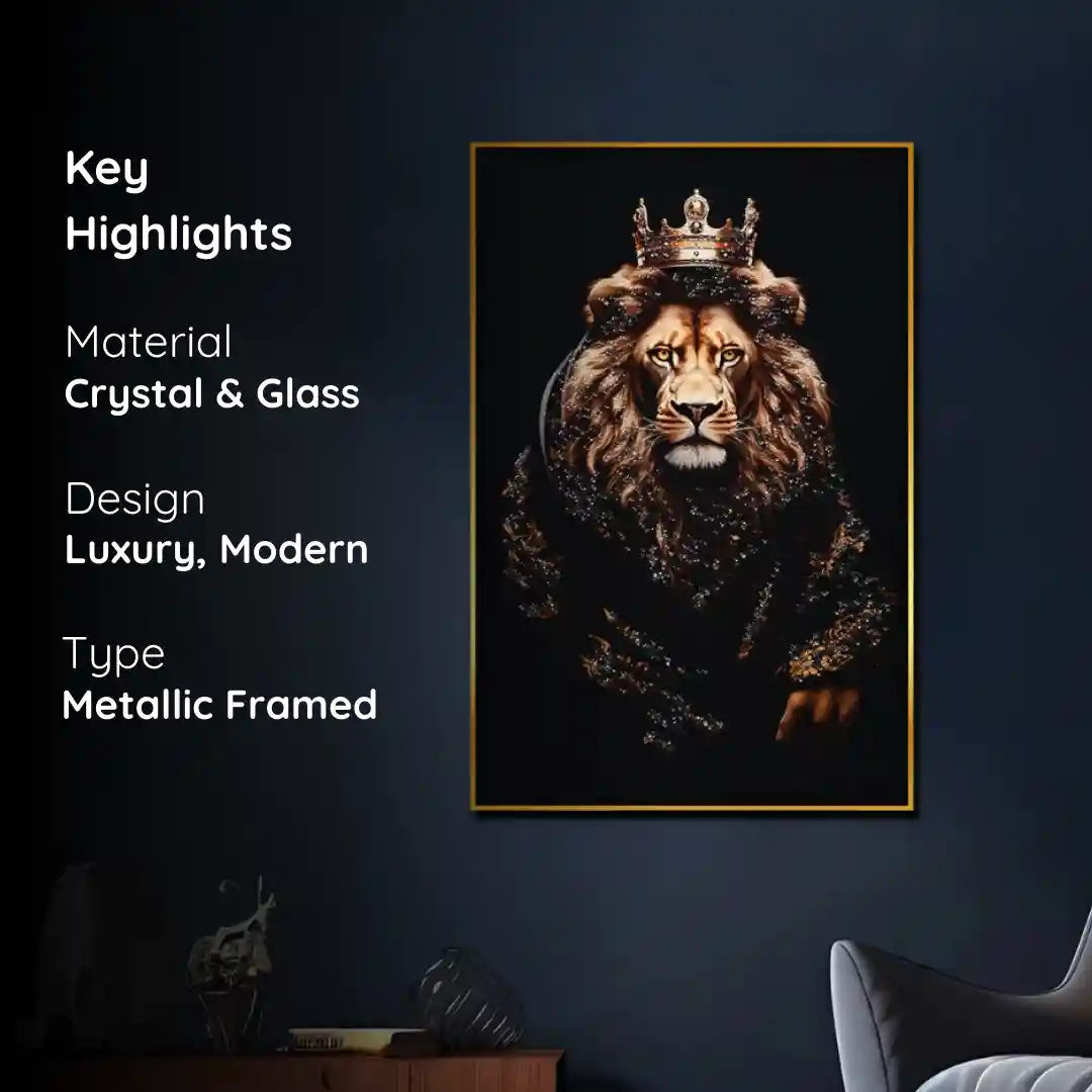 Lion King with Crown Framed Crystal Glass Painting