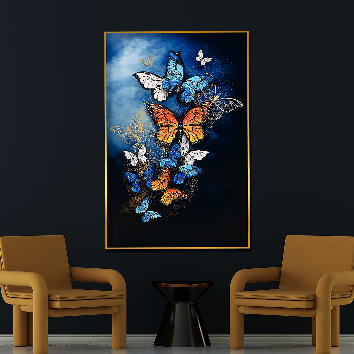 Dancing Wings Butterfly at Night Framed Crystal Glass Painting