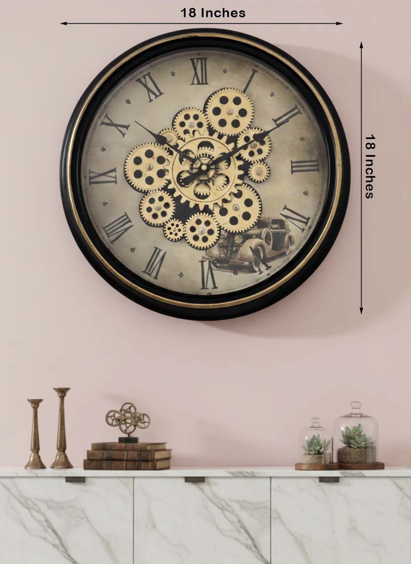 The Vintage Wheels Luxury Designer Wall Clock For Living Room With Moving Gear Mechanism Buy Wall Clock Online