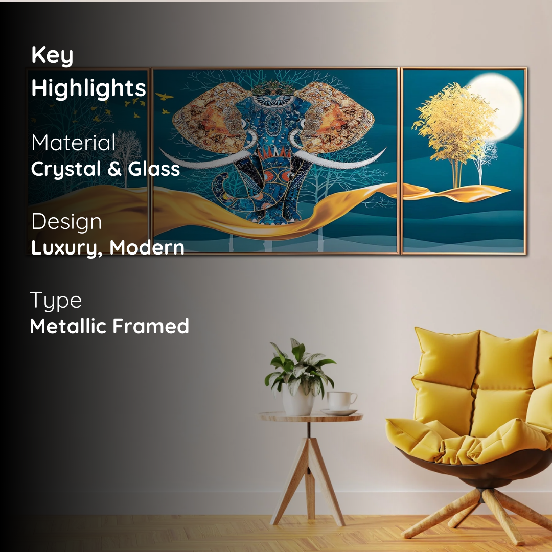 Udaipur Royal Elephant Framed Crystal Glass Paintings – Set of 3