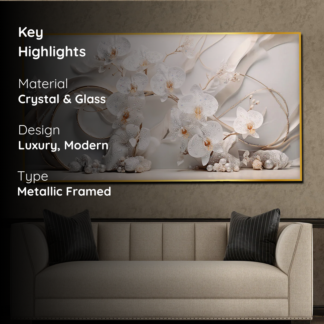 White Orchid Crystal Glass Painting for Modern Wall Décor