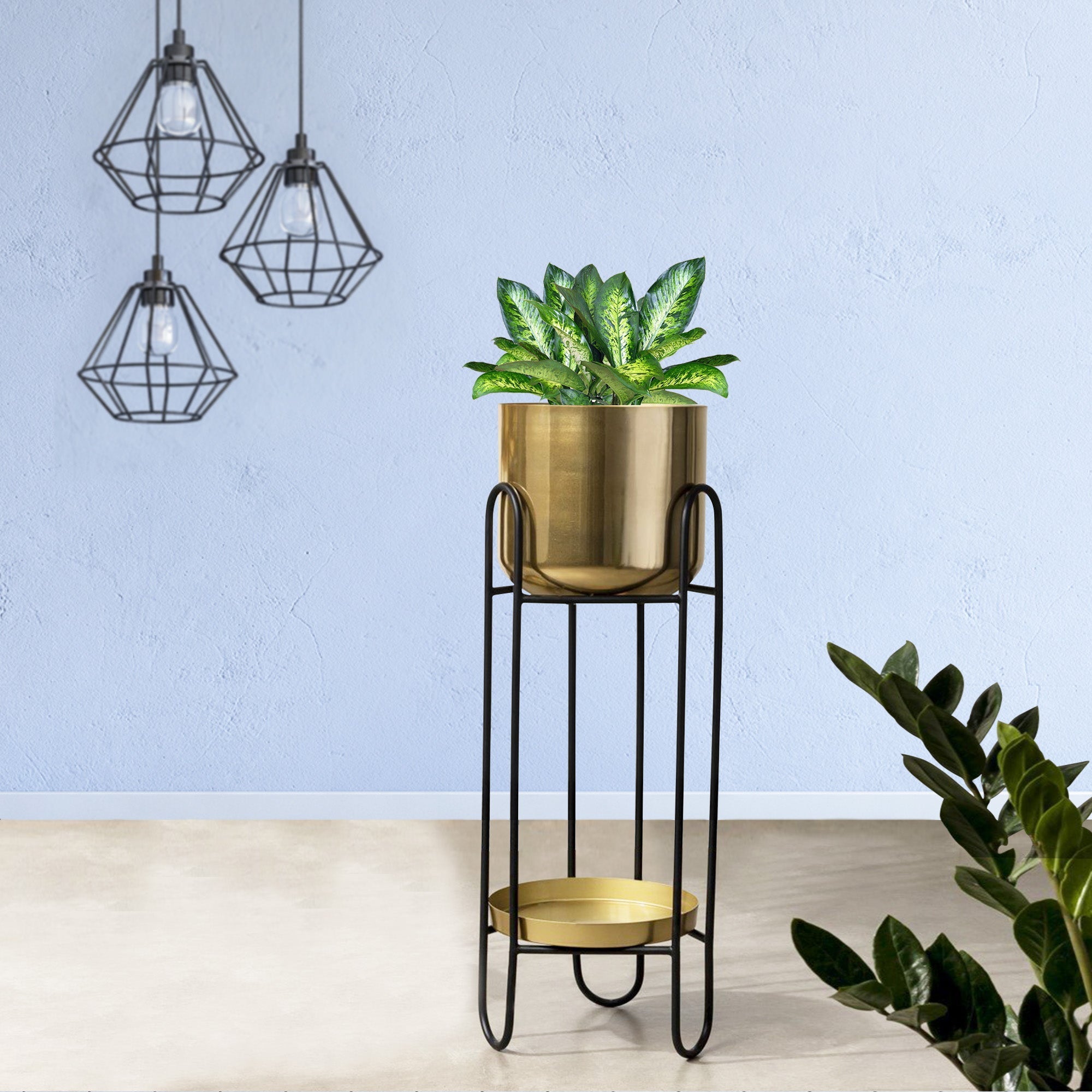 Dual Crown Black Stand & Golden Finish Pot - Medium Size Planter
