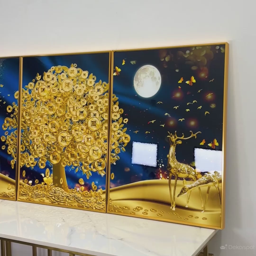 Golden Wealth Tree & Deer Crystal Glass Painting Set of 3