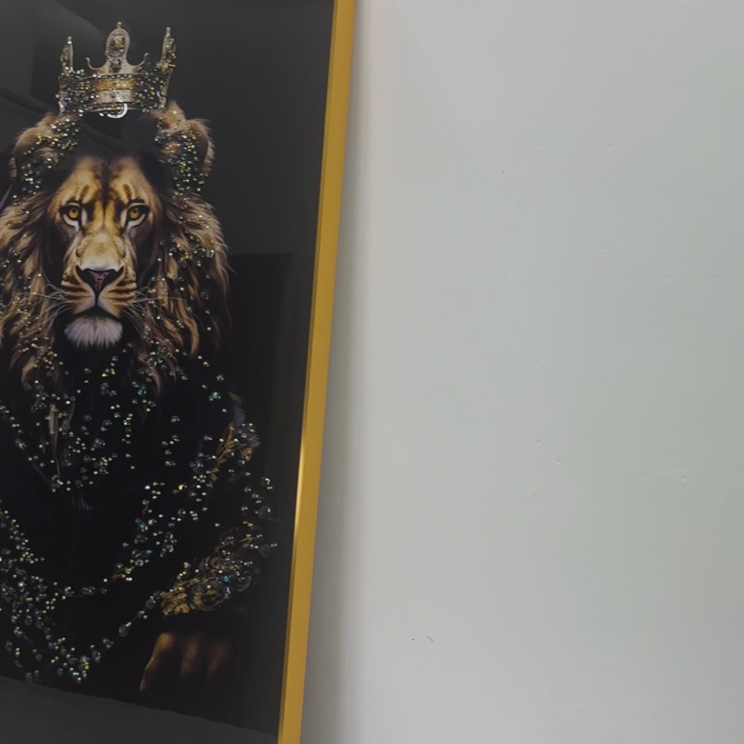 Lion King with Crown Framed Crystal Glass Painting