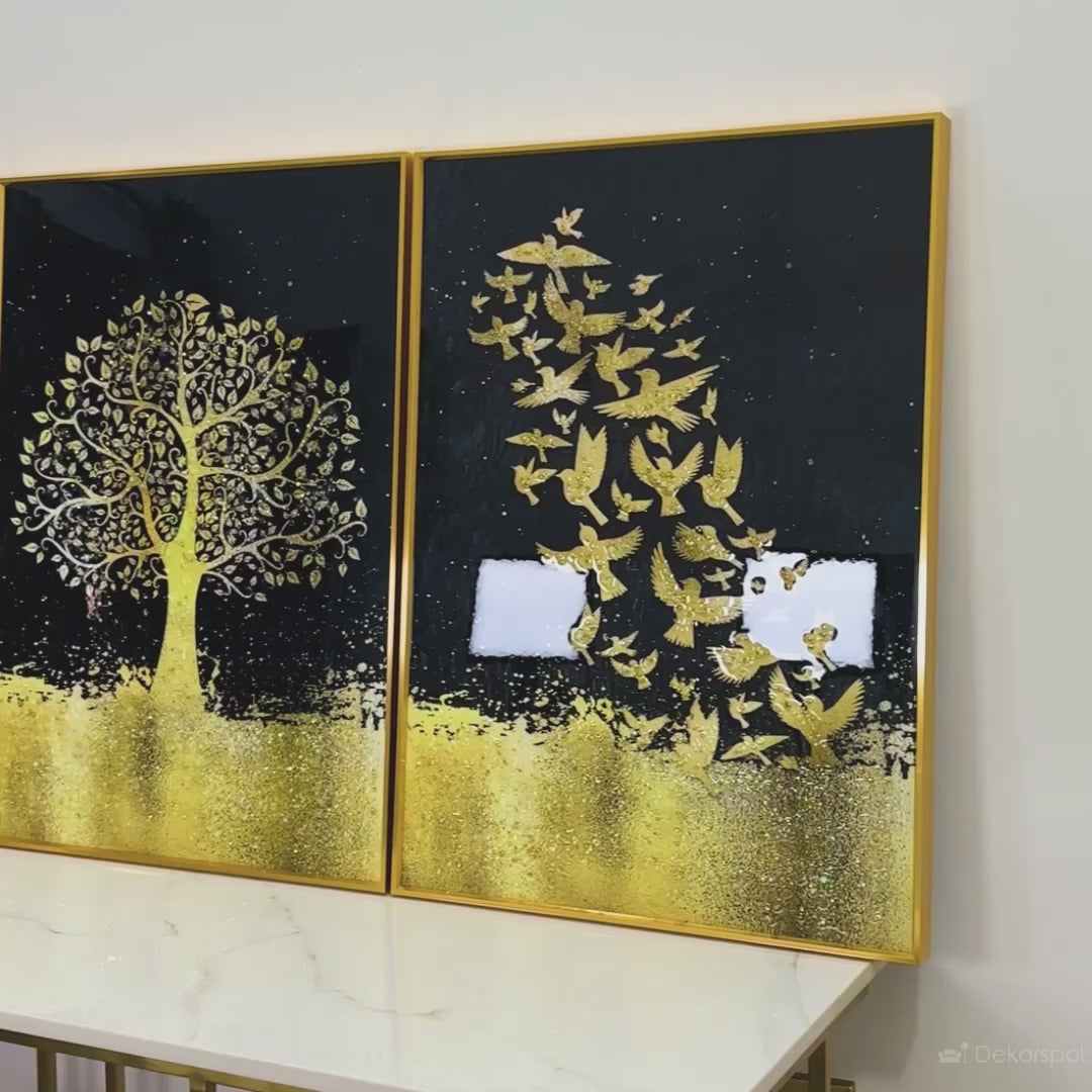 Golden Tree of Life with Birds – 3-Piece Framed Crystal Glass Painting