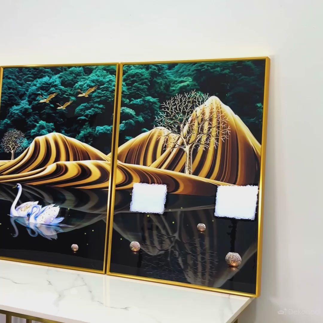 Golden Deer and Swan Crystal Glass Painting Set of 3