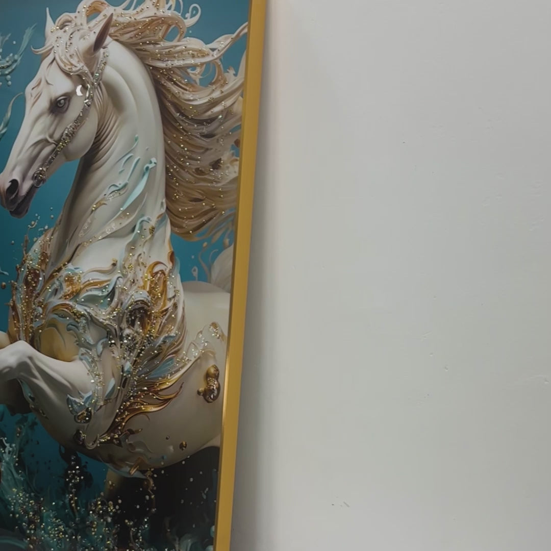 Beautiful Glacier Stallion Horse Framed Crystal Glass Painting