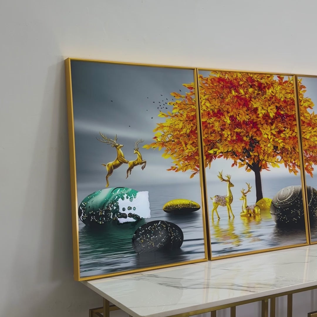 Golden Glory Nature Framed Crystal Glass Painting Set of 3