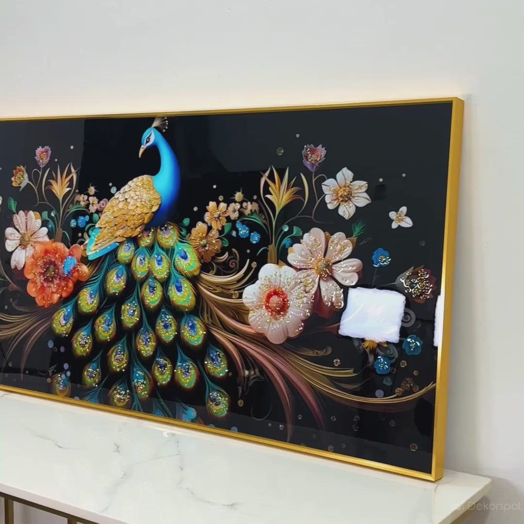 Elegant Peacock Crystal Glass Painting with Floral Detailing