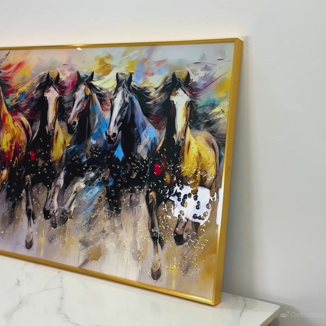 Multicolour Running Horses Framed Crystal Glass Painting