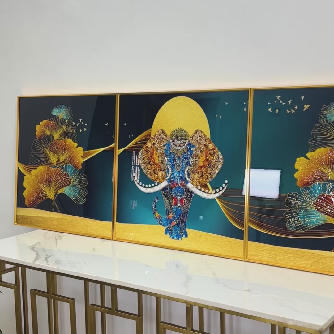Udaipur Royal Elephant Framed Crystal Glass Paintings – Set of 3