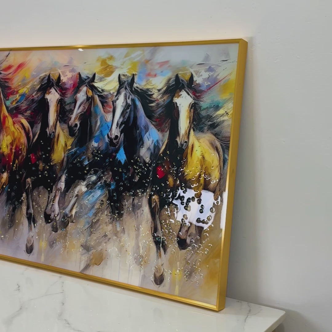 Seven Running Horses in Morning Framed Crystal Glass Painting