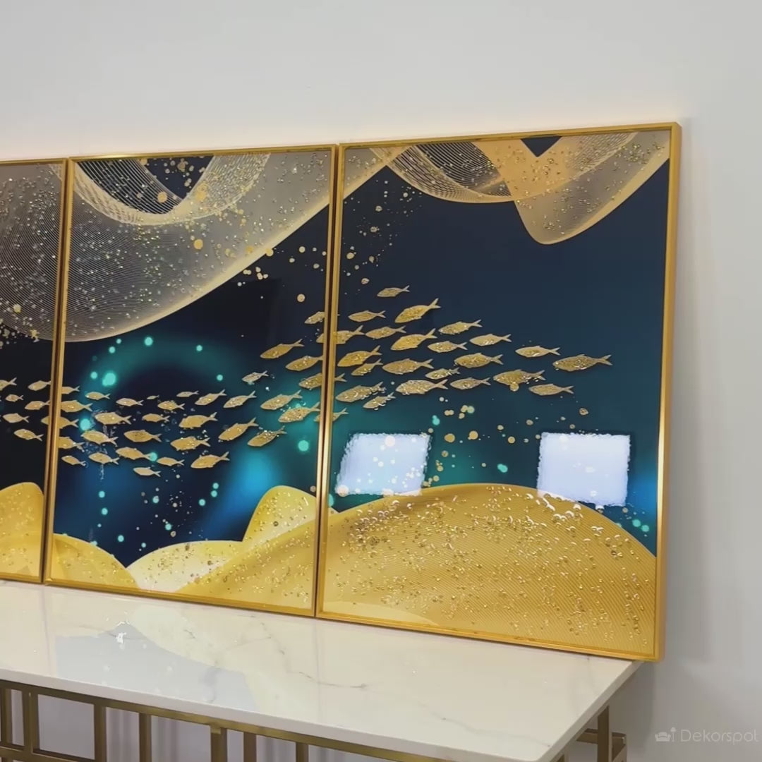 Golden School of Fish Crystal Glass Painting Set of 3