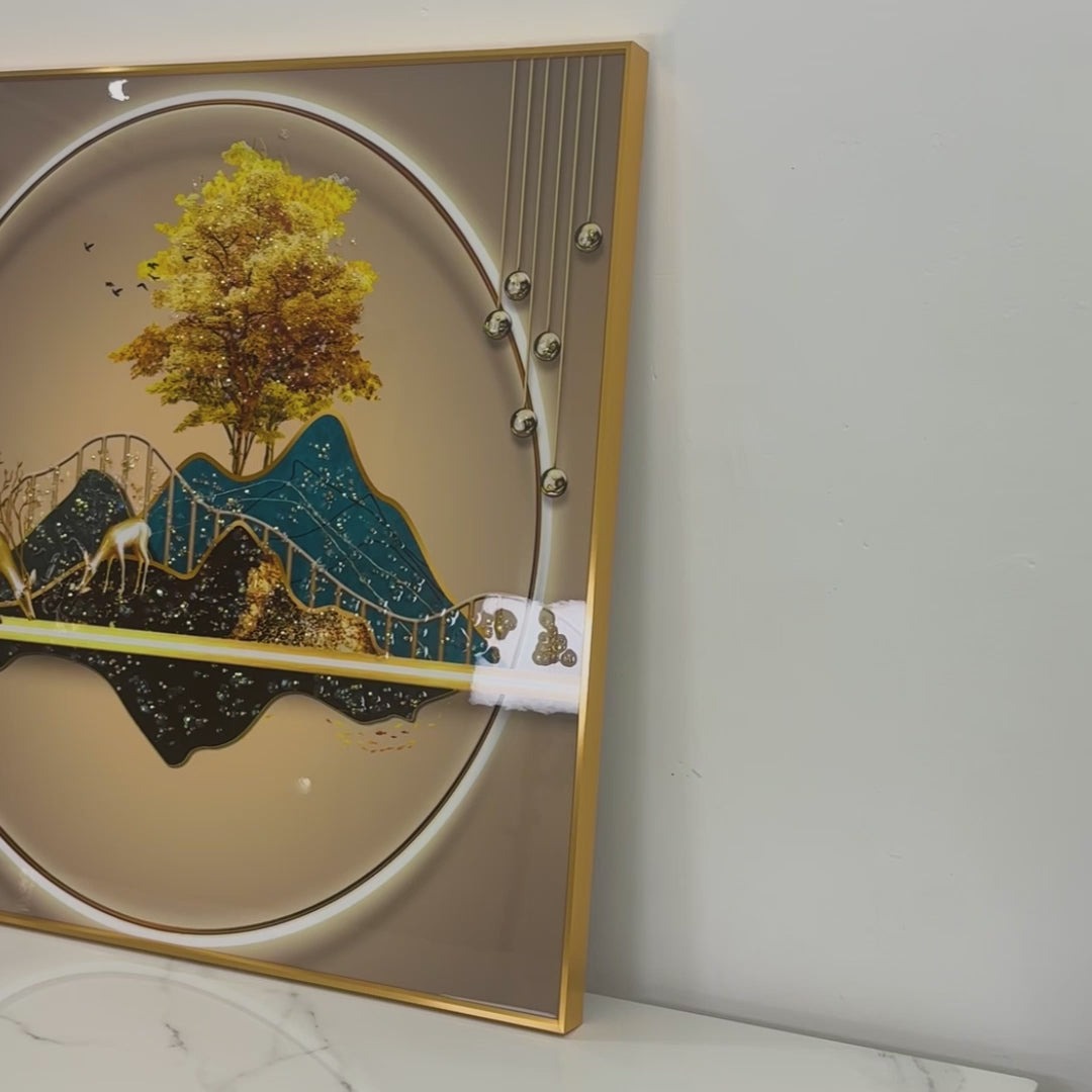 Golden World of Peace Framed Crystal Glass Painting
