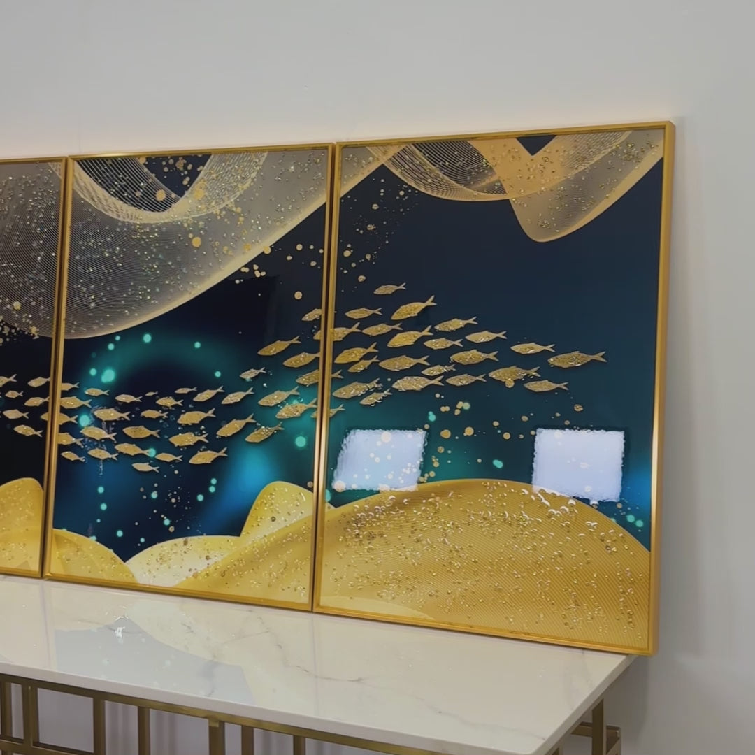 Golden Fishes Framed Crystal Glass Painting Set of 3