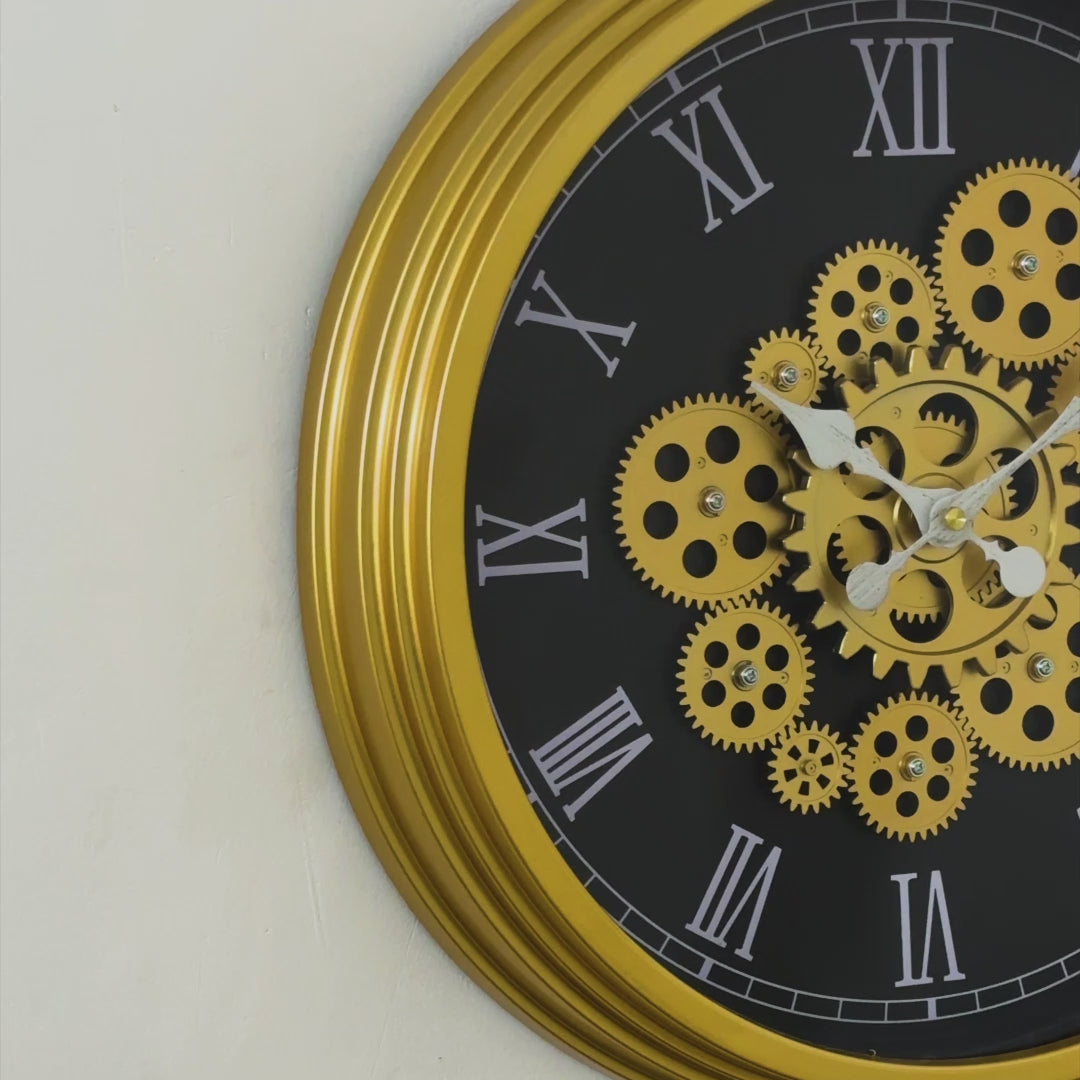 Royal Black & Gold Moving Gear Wall Clock