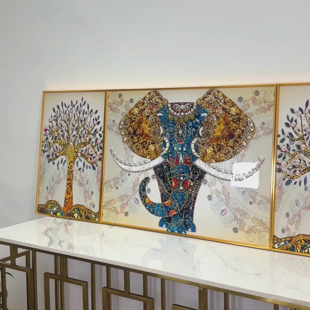 Autumn Udaipur Elephant Tree Crystal Glass Paintings – Set of 3